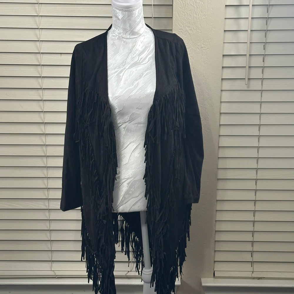 Angie Fringe Cardigan Women Small Black Faux Suede Long Sleeve Western Jacket